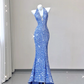 Blue V Neck Halter Sequins Sheath Long Party Dress Birthday Outfits MD7376