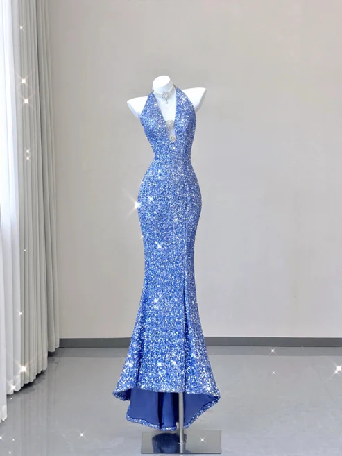 Blue V Neck Halter Sequins Sheath Long Party Dress Birthday Outfits MD7376