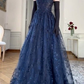 Navy Blue Straps A-Line Lace Long Prom Dress Evening Gown MD7844