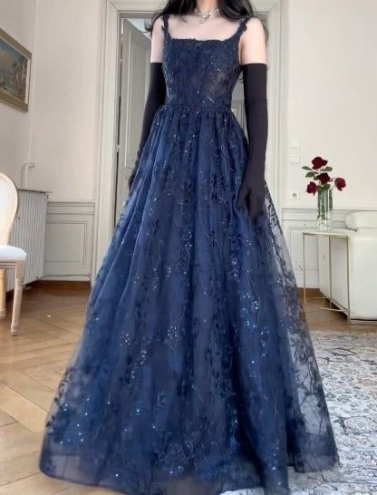 Navy Blue Straps A-Line Lace Long Prom Dress Evening Gown MD7844