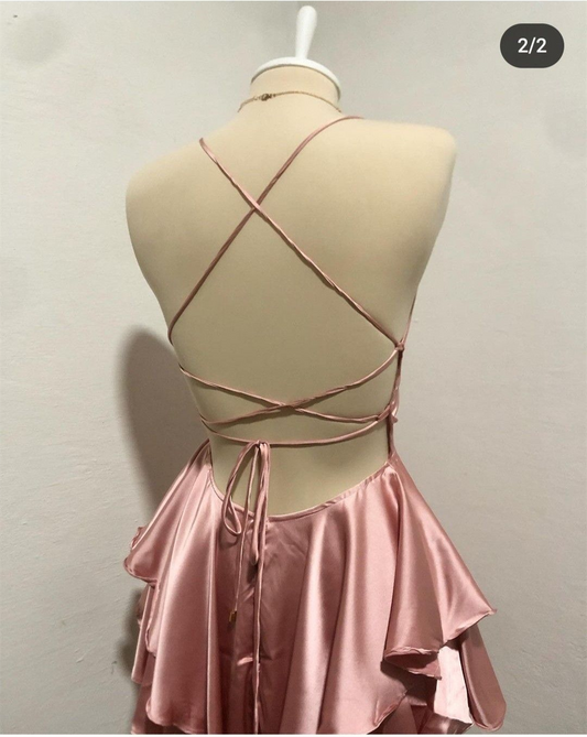 Lovely Pink Straps A-Line Satin Short Party Dress Homecoming Dress MD7466