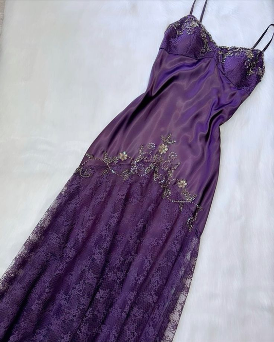 Purple Spaghetti Straps Lace Beading Sheath Long Evening Party Dress MD7430