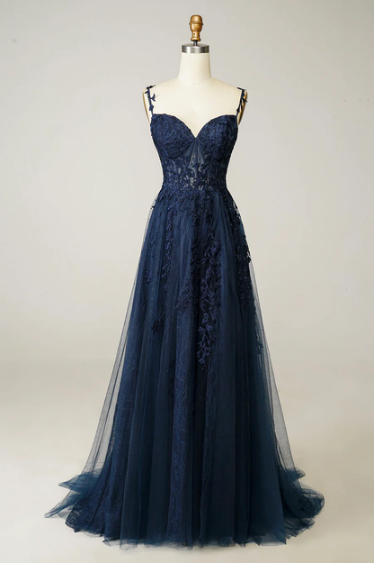 Navy Straps A-Line Tulle Appliques Classy Long Prom Dress MD7204