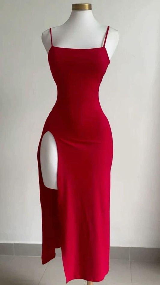 Sexy Red Spaghetti Straps Sheath Long Evening Party Dress MD7470