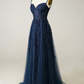 Navy Straps A-Line Tulle Appliques Classy Long Prom Dress MD7204