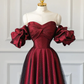 Wine Red Sweetheart A-Line Tulle Satin Long Formal Party Dress MD7361