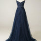 Navy Straps A-Line Tulle Appliques Classy Long Prom Dress MD7204