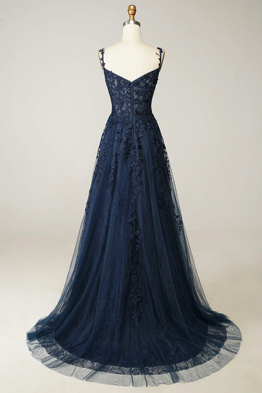 Navy Straps A-Line Tulle Appliques Classy Long Prom Dress MD7204