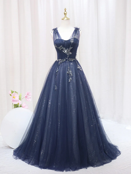 Elegant Navy Straps A-Line Tulle Long Prom Dress MD7205