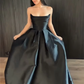 Black Strapless A-Line Satin Long Formal Party Dress Evening Gown MD7295