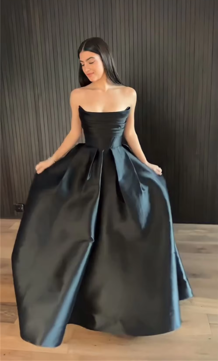 Black Strapless A-Line Satin Long Formal Party Dress Evening Gown MD7295