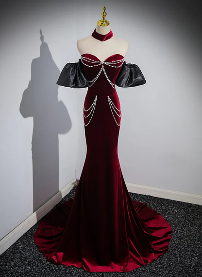 Wine Red Sweetheart Velvet Mermaid Long Formal Party Dress MD7359