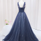 Elegant Navy Straps A-Line Tulle Long Prom Dress MD7205