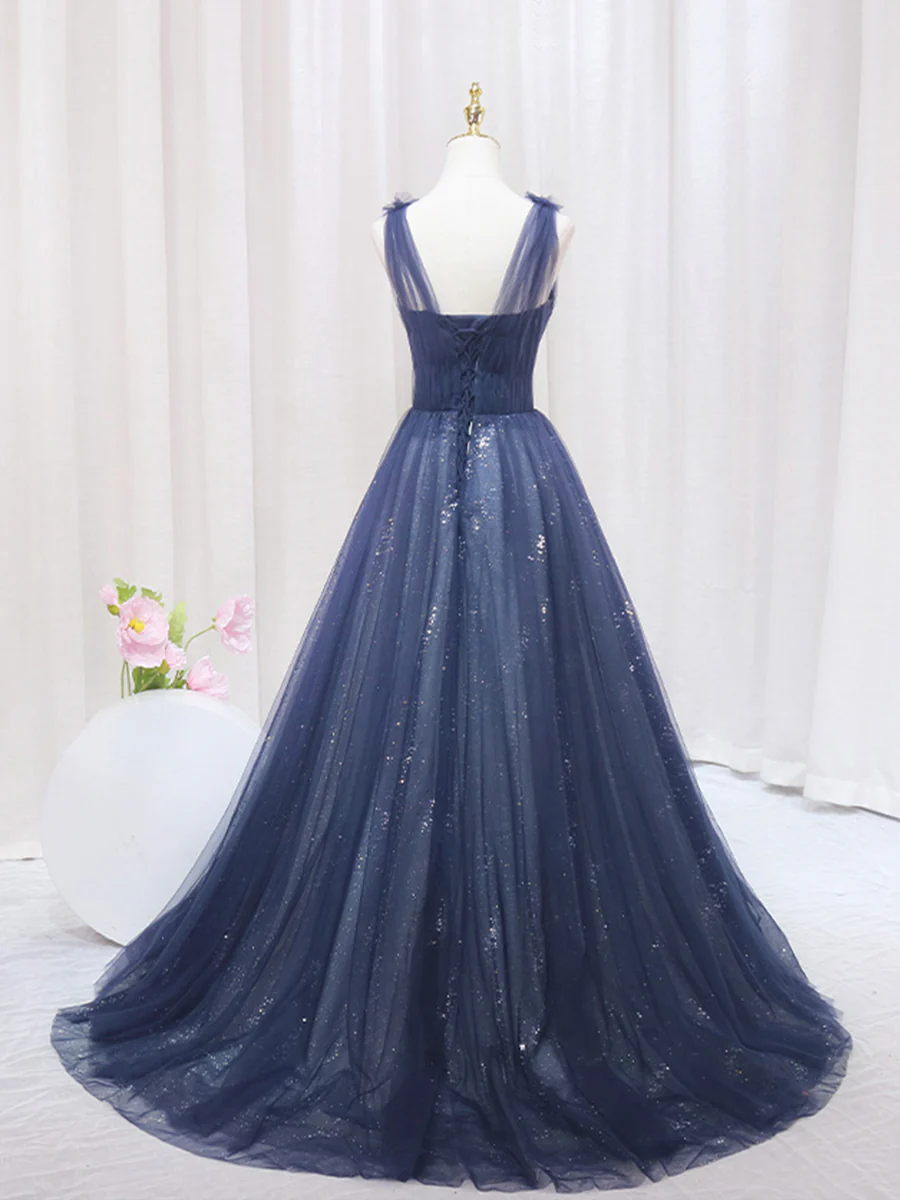 Elegant Navy Straps A-Line Tulle Long Prom Dress MD7205