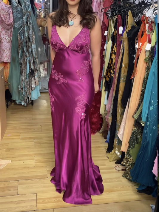 Fuchsia V Neck Sheath Vintage Long Evening Party Dress MD7471