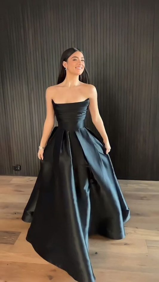 Black Strapless A-Line Satin Long Formal Party Dress Evening Gown MD7295