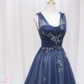 Elegant Navy Straps A-Line Tulle Long Prom Dress MD7205