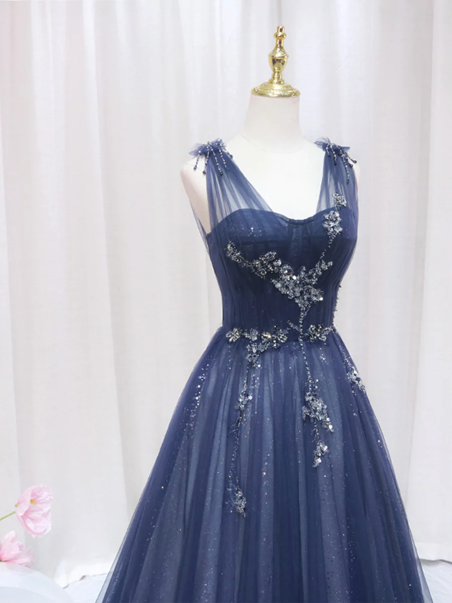 Elegant Navy Straps A-Line Tulle Long Prom Dress MD7205