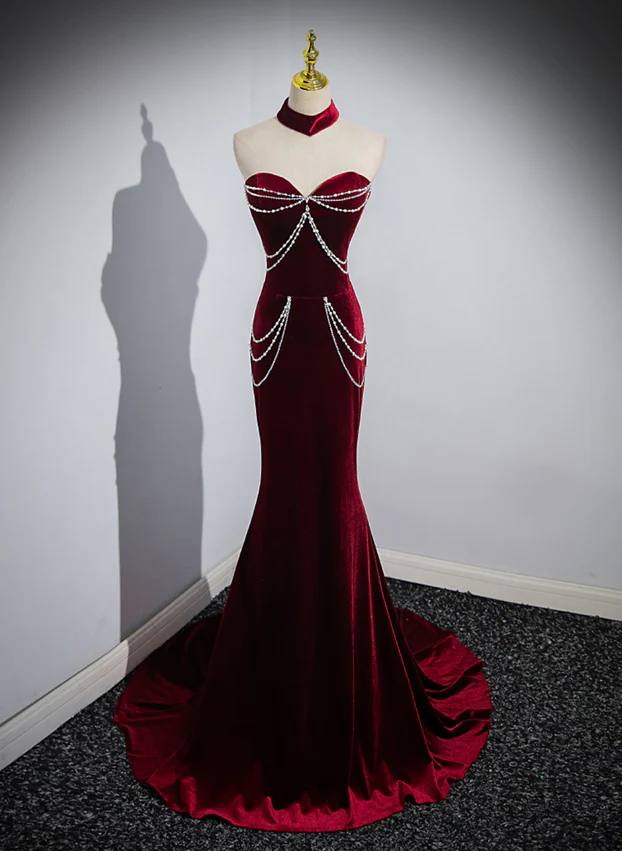 Wine Red Sweetheart Velvet Mermaid Long Formal Party Dress MD7359