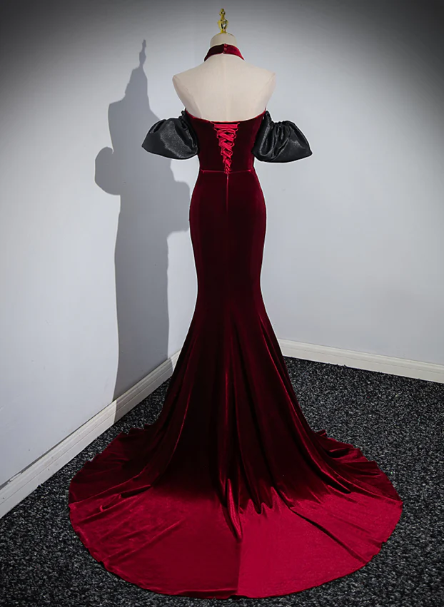 Wine Red Sweetheart Velvet Mermaid Long Formal Party Dress MD7359