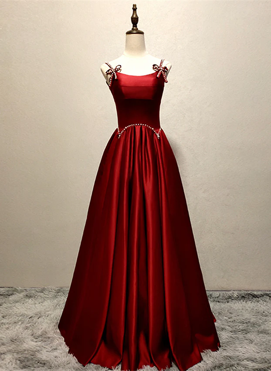 Wine Red Straps A-Line Satin Long Formal Party Dress with Pearls MD7357