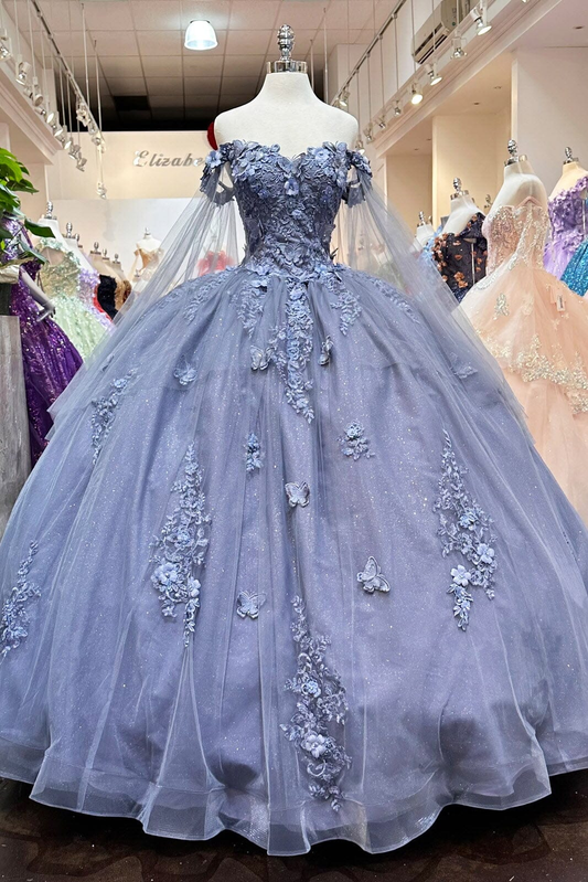 Grey Blue Off Shoulder Appliques Quinceanera Dress Sweet 16 Ball Gown MD7529