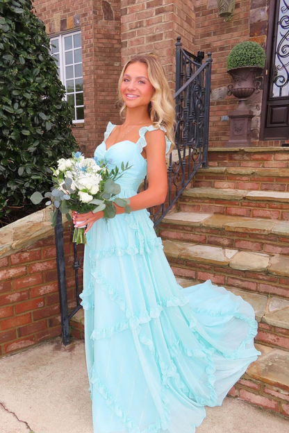 Light Blue Straps A-Line Ruffles Long Prom Dress Graduation Dress MD7296