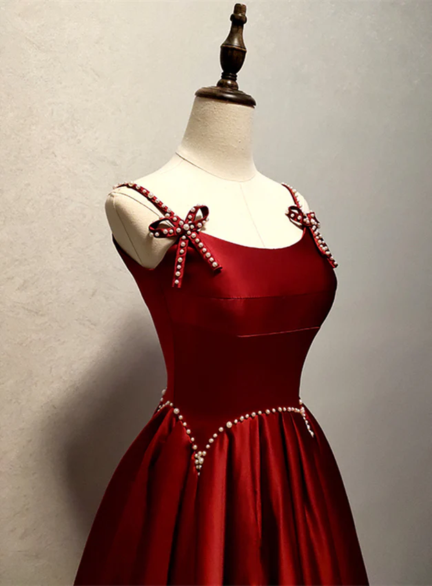 Wine Red Straps A-Line Satin Long Formal Party Dress with Pearls MD7357