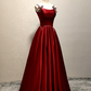 Wine Red Straps A-Line Satin Long Formal Party Dress with Pearls MD7357