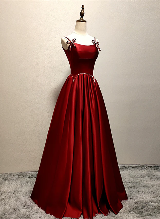 Wine Red Straps A-Line Satin Long Formal Party Dress with Pearls MD7357