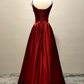 Wine Red Straps A-Line Satin Long Formal Party Dress with Pearls MD7357