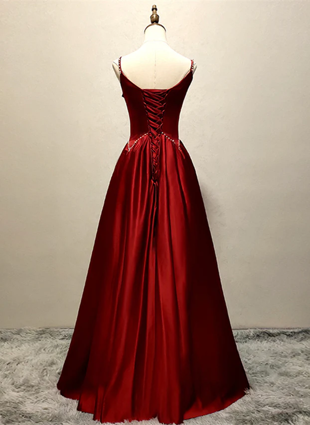 Wine Red Straps A-Line Satin Long Formal Party Dress with Pearls MD7357