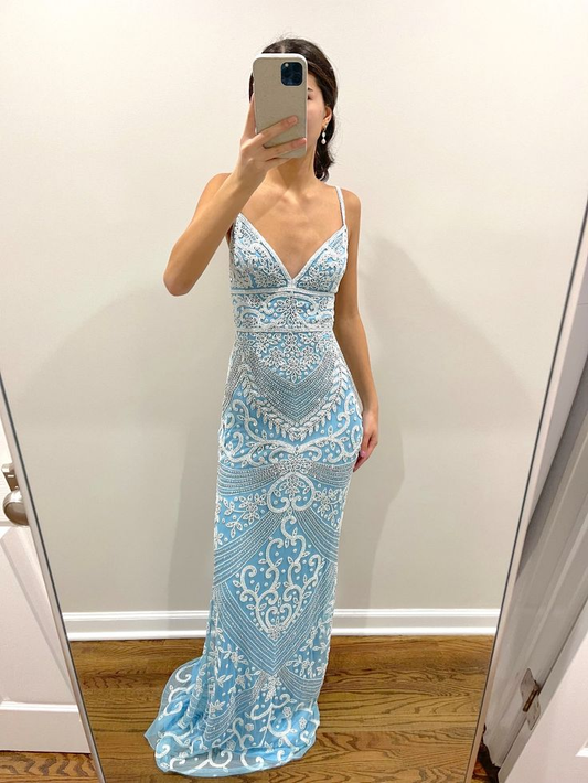 Blue Spaghetti Straps V Neck Beading Mermaid Long Prom Dress MD7472