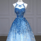 Blue Halter A-Line Tulle Sequins Long Party Dress Birthday Outfits MD7483