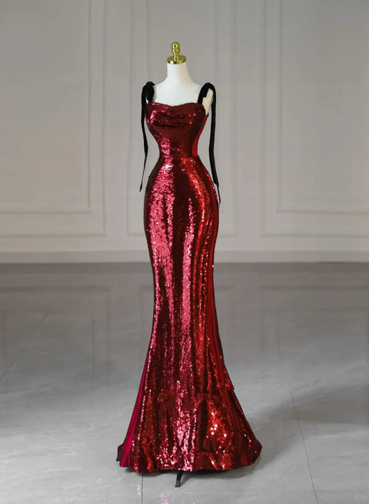 Stunning Wine Red Straps Sequins Mermaid Long Evening Party Dress MD7355