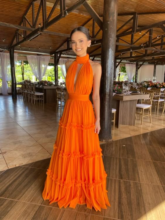 Orange V Neck Halter A-Line Tulle Long Formal Party Dress MD7566