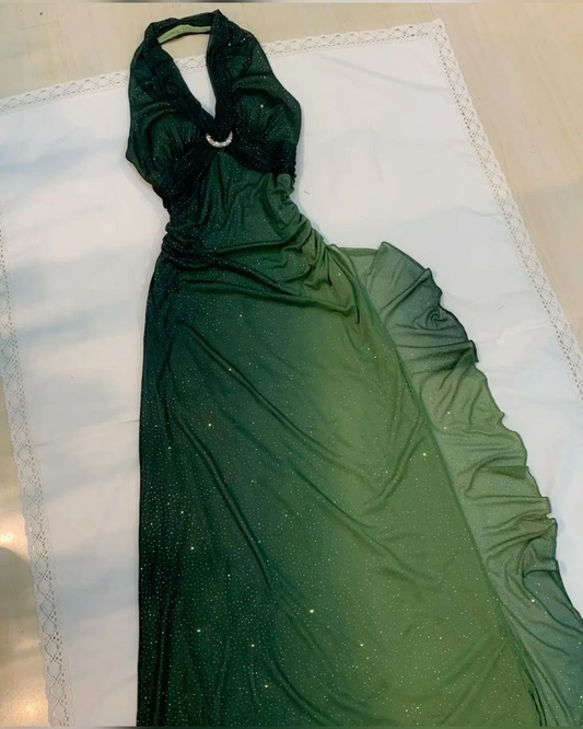 Green Halter Chiffon Shiny Vintage Long Party Dress Prom Gown MD7408