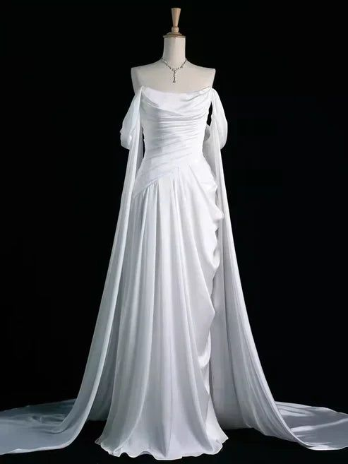 White Off Shoulder A-Line Satin Long Formal Party Dress MD7352