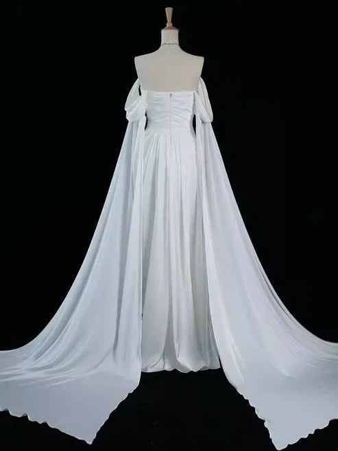 White Off Shoulder A-Line Satin Long Formal Party Dress MD7352