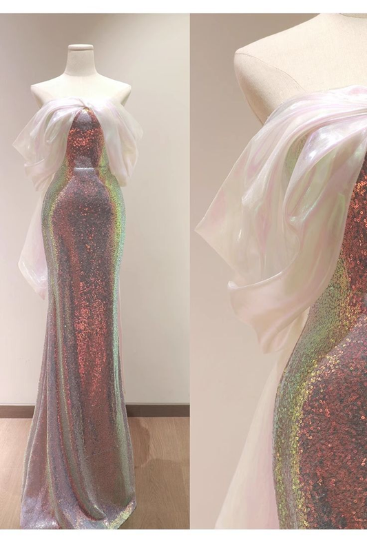 Shiny Off Shoulder Sequins Mermaid Long Formal Party Dress MD7399