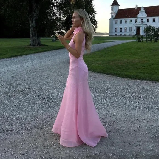 Elegant Pink Halter A-Line Sleeveless Long Party Dress Birthday Outfits MD7531