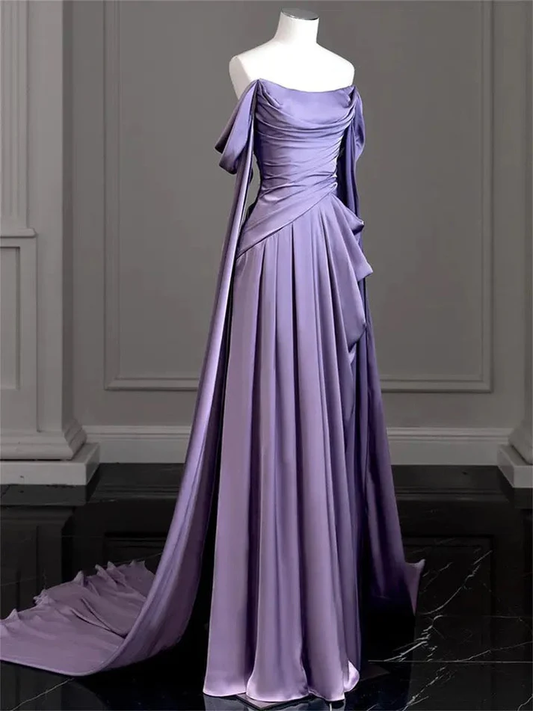 Elegant Purple Off Shoulder A-Line Satin Long Formal Party Dress MD7350