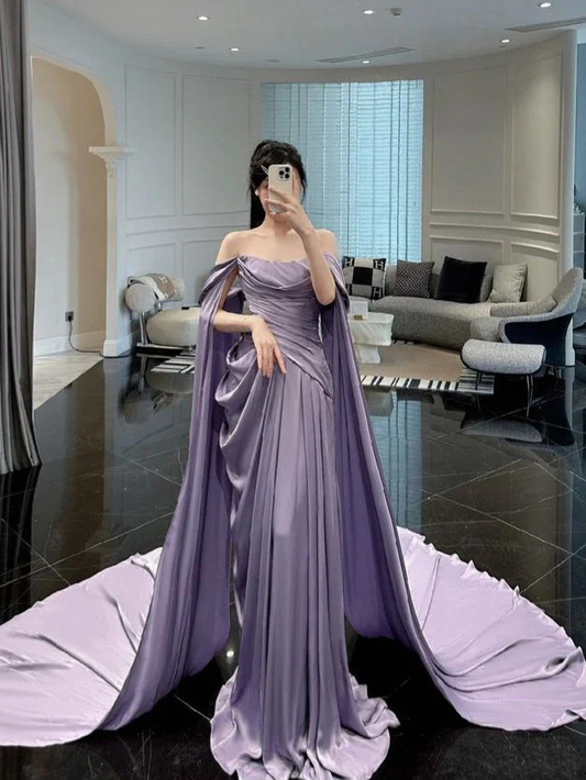 Elegant Purple Off Shoulder A-Line Satin Long Formal Party Dress MD7350