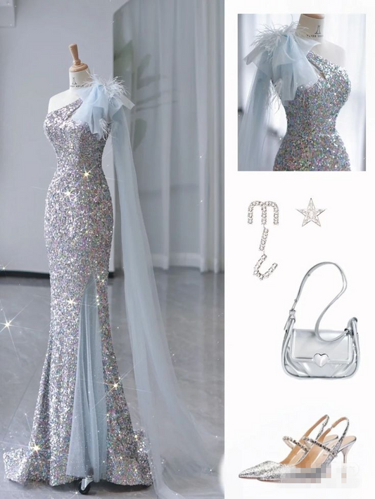 Silver One Shoulder Sequins Mermaid Long Formal Party Dress MD7476