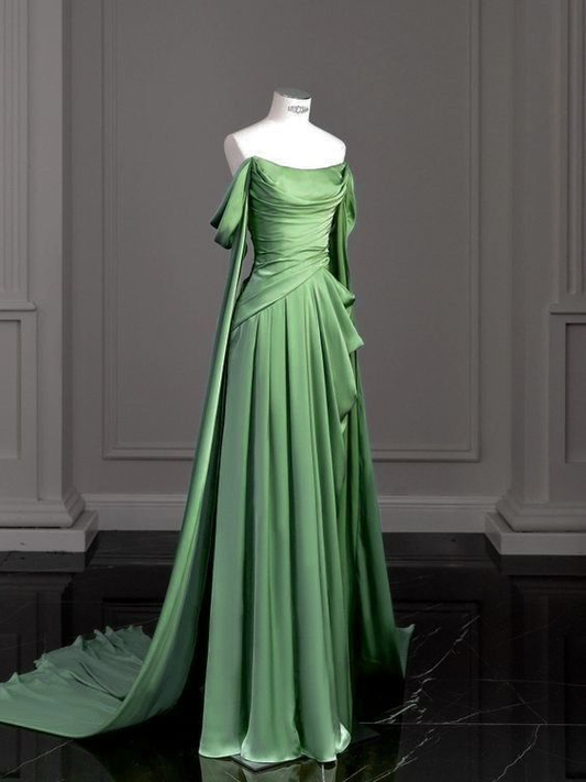 Green Off Shoulder A-Line Satin Long Formal Party Dress MD7348