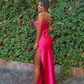 Hot Pink V Neck Straps Satin Sheath Long Party Dress MD7298