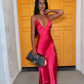 Hot Pink V Neck Straps Satin Sheath Long Party Dress MD7298