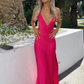 Hot Pink V Neck Straps Satin Sheath Long Party Dress MD7298