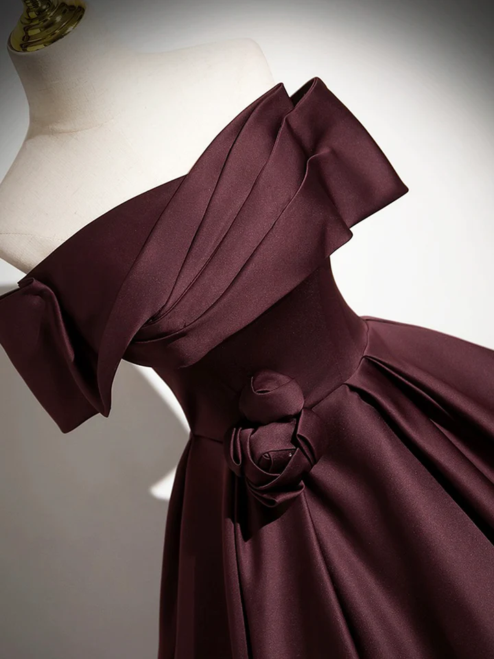 Dark Burgundy Satin Elegant A-Line Off Shoulder Evening Gown Formal Party Dress MD7178