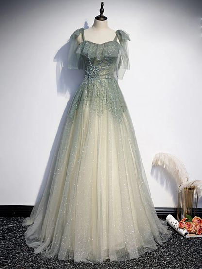 Gray Green Tulle A-Line Sequin Beads Long Prom Dress Evening Dress  MD7233